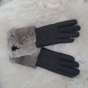 New! Furlux Quilted Black Leather and Gray Real Rabbit Fur Cuffed Gloves